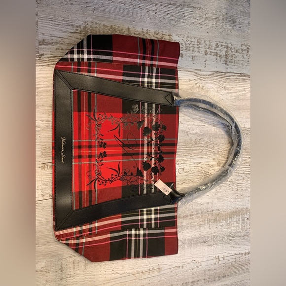 Victoria’s Secret plaid tartan floral red and black tote travel overnight bag - Picture 3 of 7